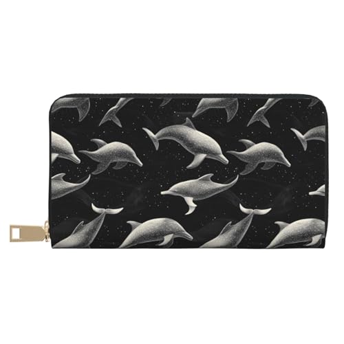 Black Dolphins Print Wallet Women Men, Long PU Leather Wallets for Women, Cute Womens Travel Wallet Purse Pouch with Zipper Pocket