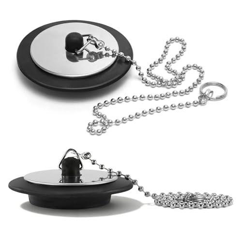 2 tappi universali per vasca da bagno con catena, in gomma nera, tappi di ricambio universali per lavelli con catena in acciaio inossidabile, lunghezza catena 40 cm