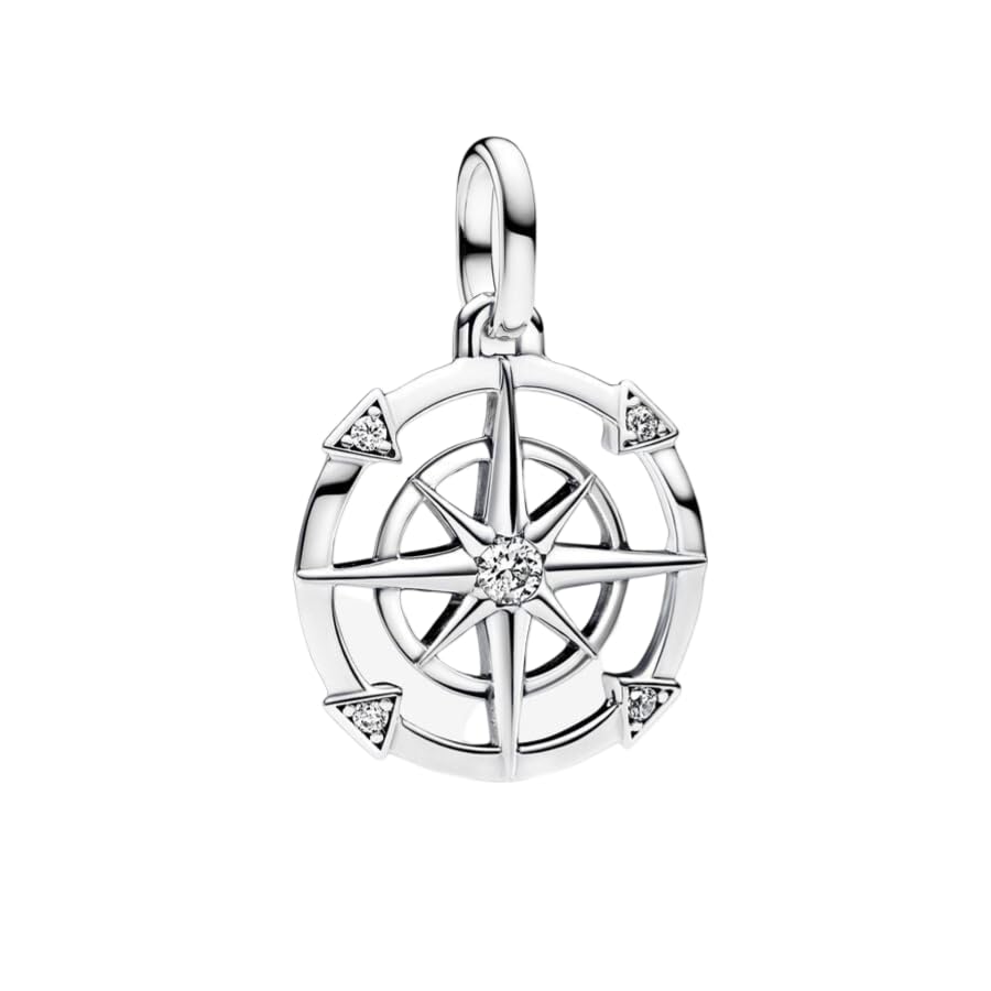 PANDORA Medallón ME brújula de plata de ley con circonitas cúbicas, compatible con pulseras ME y Moments, 793456C01, 2,6x16x16 mm, Plata de ley, Circonita cúbica