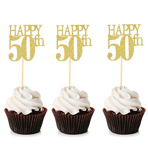 Blumomon 24Pcs 50 Cupcake Toppers Happy 50th Birthday Cake Toppers 50 Cake Topper Picks Gold Glitter Birthday Cake Decoration for Birthday Party Anniversary Celebration Supplies