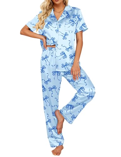 Image of Ekouaer 2 Piece Satin Short Sleeve Pajamas Set Button Down Sleepwear | Soft Pjs Set Classic Loungewear for Wedding, Party, Home, Daily Wear, Date Nights
