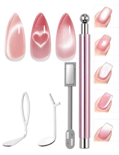 modelones Cat Eye Magnet Set 5PCS 3-in-1 Dual-Head Nail Magnet Pen with Heart Lightning & Sphere Shapes for Cateye Gel Polish Side Light Wide Light Glass Glow Effects DIY Nail Art Tool(Magnet Only)