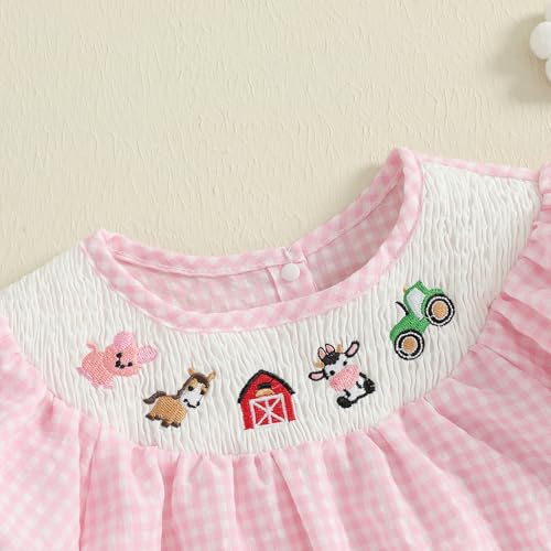 Kids Girls Summer Dress Plaid Animal Embroidery Puff Short Sleeve Smocked Princess Dress Cute Toddler Farm Clothes4