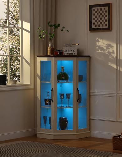 FOREST GRAVITY Corner Display Cabinet with Glass Doors and LED Lighting