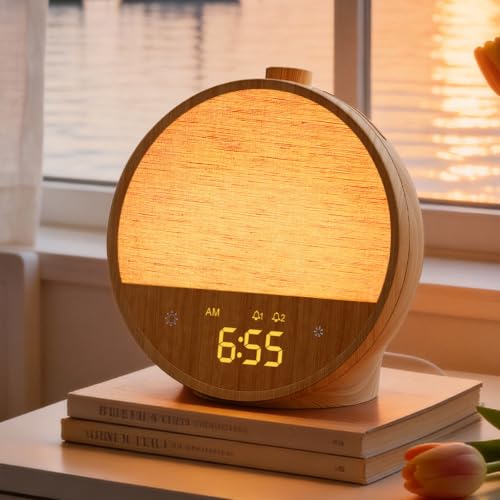 blonbar Réveil à lumière du jour, réveil lumineux avec lever du soleil, lampes de chevet avec 10 sons naturels et 10 sons blancs, lampe de table avec veilleuse d'ambiance RVB, réveil doux pour chambre