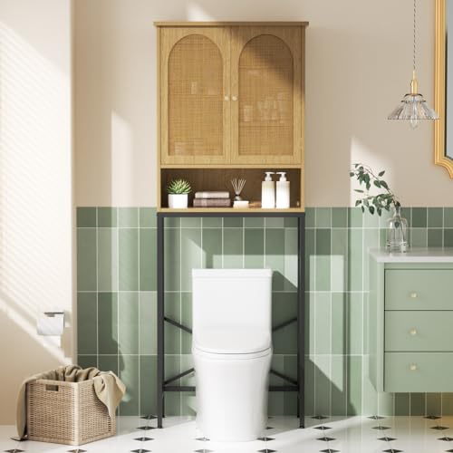 Rattan Toilet Storage Cabinet, Over the Rack Wood Cabinet with Metal Stand, Bathroom Organizer with Adjustable Shelf, Tall Freestanding Washer Shelf, Small Cupboard, Space Saver, Natural style