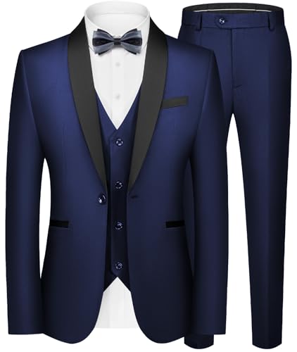 WEEN CHARM Mens Suit Slim Fit Tuxedo 3 Piece One Button Shawl Lapel Blazer Jacket Vest Pants Set for Prom Party Navy Blue