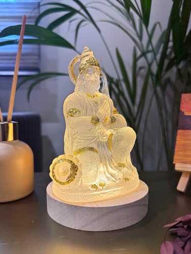 Image of SrI Krishna CULTURE- Hanuman Ji Idol Bending Pose On Wooden LED Base-USB Corded-Warm White-Hanuman Statue-Diwali Special-Height-6.5 Inches