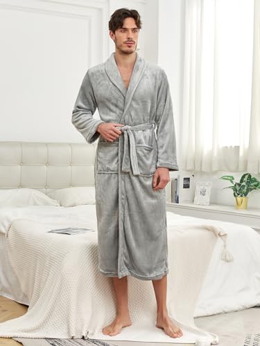 RONGTAI Bathrobe for Men, Long Shawl Collar Robe, Plush Fleece Fabric, Side Pockets, Warm and Cozy Sleepwear (Grey, M)2