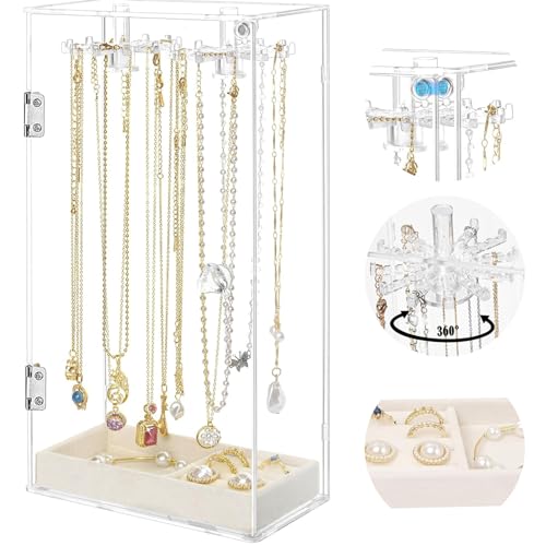Cnwinu Schmuckständer,Acryl Kettenhalter mit 24 Haken,Kettenständer Drehbar,Ketten Aufbewahrung,Schmuckaufbewahrung ketten,Armbänder Ohrring Ringe Uhren Aufbewahrung mit Samt Tablett