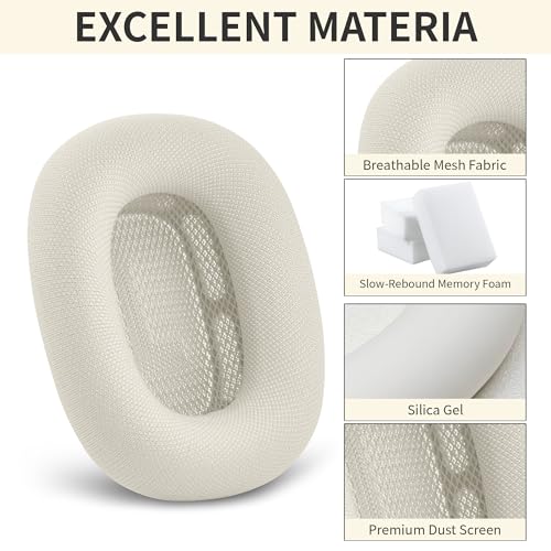 Image of Replacement Ear Cushions for Apple AirPods Max 1 & 2 Upgraded Memory Foam Pads with Durable Fabric,Sound Insulation and Noise Reduction,Strong Magnetic Fit,Sweat-Resistant,Breathable Comfor(Starlight)