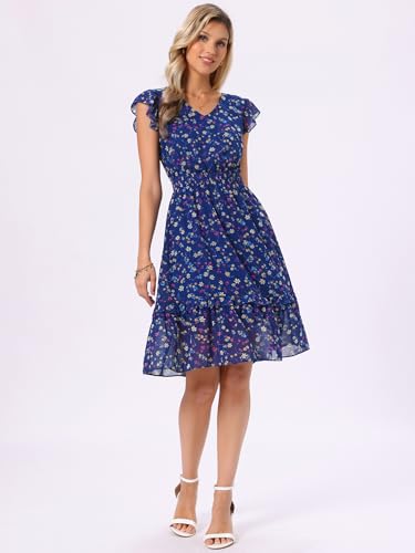 Image of Allegra K Women's Floral Dress Spring Summer V Neck Flutter Sleeve Ruffle Casual Smocked Knee Length Dresses