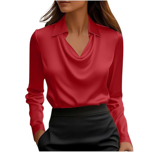 Camisetas de satén con cuello vuelto para mujer, camisetas de manga larga de seda de hielo, sudaderas de color sólido, cuello redondo, talla grande, blusa casual suelta tipo túnica activa, 3 rojo., M