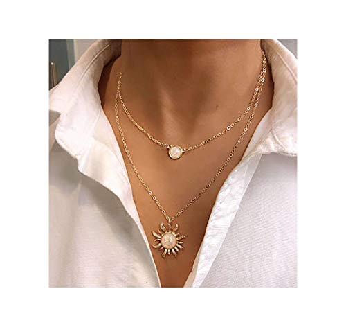 Drecode Boho Layered Necklace Gold Sun Flower Bohemian Necklaces Crystal Necklace Jewelry for Women and Girls