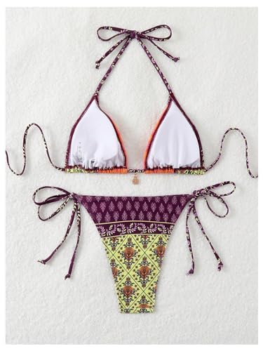 Verdusa Women's 2 Piece Paisley Print Swimsuit Boho Halter Backless High Cut String Bikini Set2