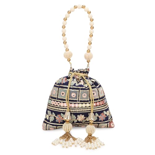 Image of LONGING TO BUY Indian Embroidered Pearl Potli Bag For Women, Sequence Design with Tassel, Wedding Potli Bags