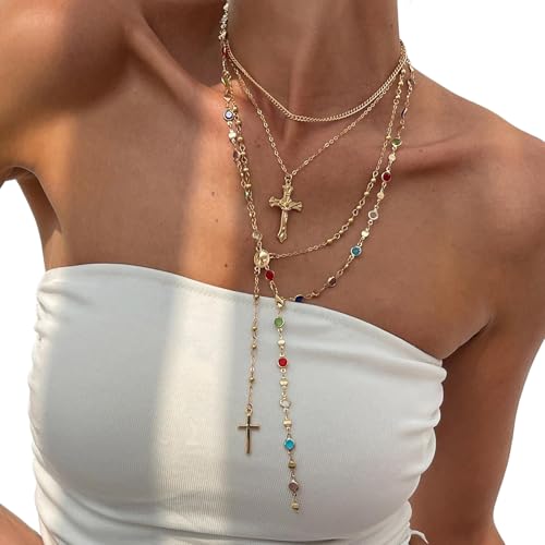 Crystal Bead Necklace for Women Cross Pendant Clavicle Necklace Summer Long Tassel Chest Chain Jewelry Layered Rhinestone Neck Chain2