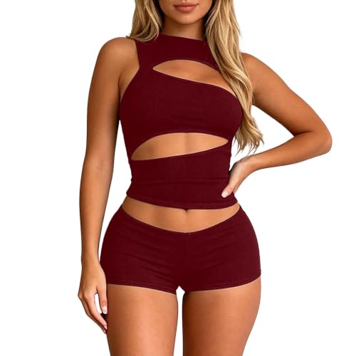 CHLPEYUVCH Women's Solid Color Waist Cinching Short Set Sleek Streetwear Modern Summer Sexy Mini Ensemble for Women (Brick Red, M)