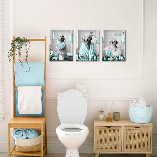 Image of sechars Funny Dogs Bathroom Wall Art Grey and Teal Bath Decor Cute Animal Painting Canvas Print (Teal)