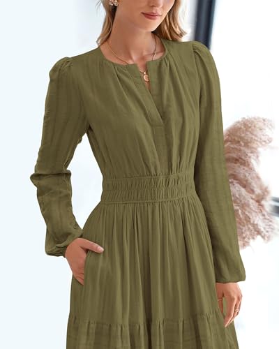 BTFBM Fall Dresses for Women 2025 Casual Long Sleeve V Neck Elastic Waist Lightweight Maxi Wedding Guest Dress Pockets