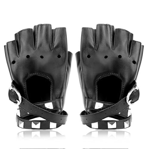 Bicfuiot Fingerless Gloves for Women Short Black Leather Motorcycle Gloves Costume Mens Driving Steampunk Accessories Punk Rock Outfits for Women Cyberpunk Half Finger Faux Leather