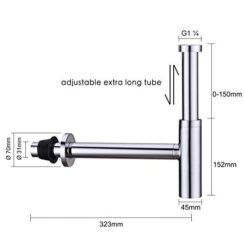 Orhemus All Brass Round Bottle P Trap, 1 1/4 Bathroom Basin Sink Waste Trap Drain Tube Kit Extra Long Slip Joint Extension Tube Tailpiece for Sink Drain, Adjustable Height, Polished Chrome