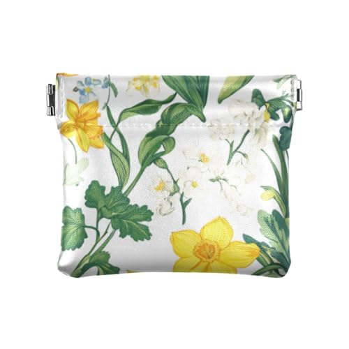 Portafoglio piccolo portamonete pelle PU bianco con fiori estivi narcisi mini portafoglio porta carte per donne ragazze Fiori Narcisi 4.33L x 3.74W x 0.39H classico