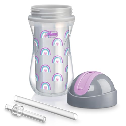 Image of Chicco Insulated Straw Sippy Cup 12+ Months, 9oz Toddler Training Cup with Spill-Free Flip-Top Lid, BPA-Free 2-Pack, Silver /Purple Rainbow