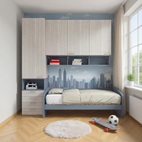 MOBILFINO CAMERETTE Chambre Demi-Pont avec canapé-lit, Armoire et Commode - Chêne Rock et Avio, Droit