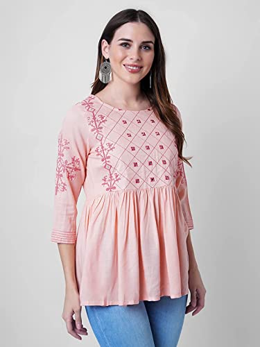 Image of Shiva Fab Short Kurti for Women | Embroidered Straight Rayon Kurta | Round Neck Full Sleeves Short Kurti for Women's (Small, Black & Pink Front-2 Pack)