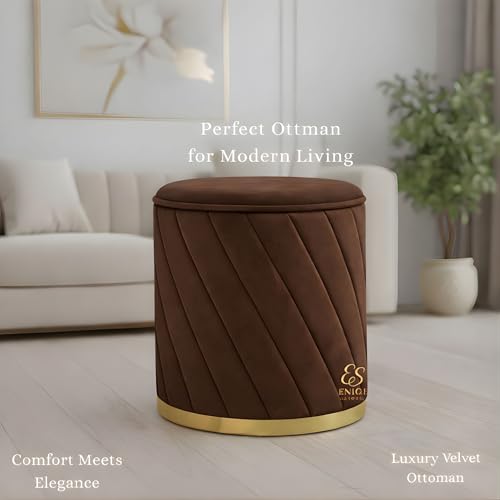 Image of Premium Velvet Ottoman Stool | Modern Round Pouffe with Gold Base | Multipurpose Seating | Living Room & Bedroom Decor (Brown Set of 2)