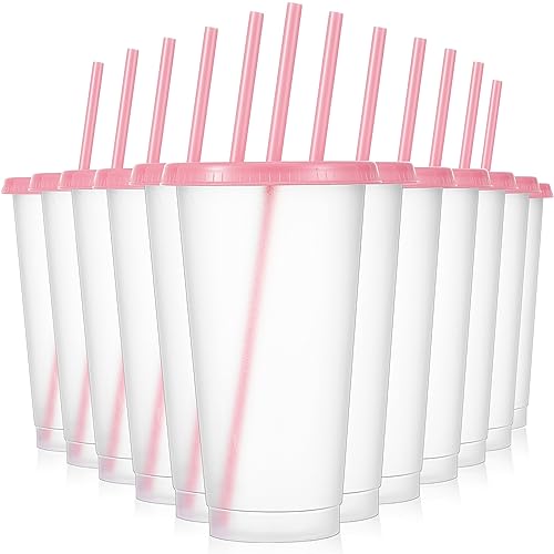 Mifoci 12 Pcs Plastic Tumbler with Lids and Straws Reusable Plastic Tumblers Bulk Mug Tumbler with Straw and Lid Tumbler Ice Cold Drinking Cup for Water Smoothie Birthday Party (Pink,24oz)