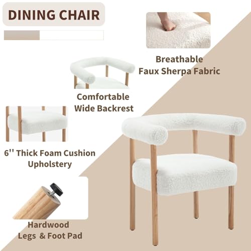 Mid Century Modern Barrel Dining Chairs Set of 4, Upholstered Kitchen & Living Room Chairs With Arms, 21.75\" Wide Faux Sherpa Boucle Accent Side Chairs for Bedroom, White