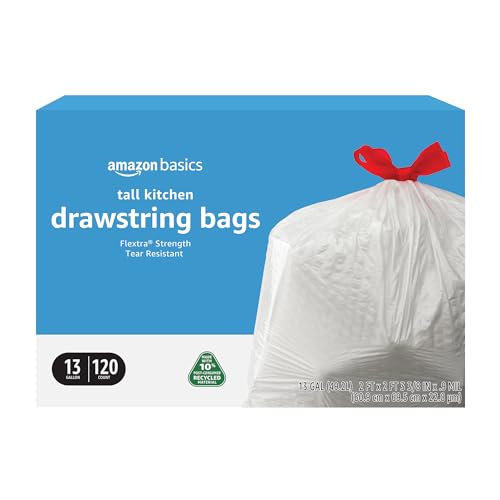 Image of Amazon Basics 13 Gallon Tall Kitchen Drawstring Trash Bags, Flextra Strength, Tear Resistant, 10% Post Consumer Recycled, 120 Count