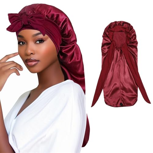 Gorro de Satén Extra Largo de Seda para Dormir para Mujer Gorro de Satén Ajustable para Dormir de Noche con Banda Elástica Gorro para el Pelo para Trenza de Pelo Largo y Rizado (Rojo, 1Pcs)