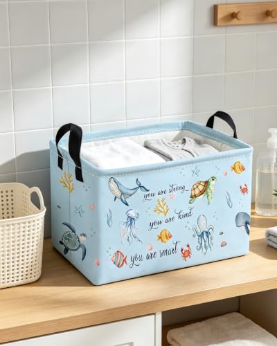 Image of Essme Rectangular Ocean Basket,Kids Baskets Empty with Handles,Cute Baskets for Kids Halloweens Room Decor,Boys and Girls, Candy Basket,(wenziocean)