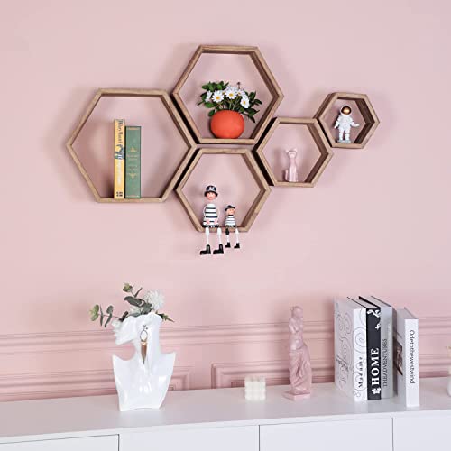 Hexagon Floating Shelves,Wall Mounted Wood Farmhouse Storage Honeycomb Wall Shelf Set Of 5,For Bathroom, Kitchen, Bedroom, Living Room,Office,Home Room Wall Decor Driftwood Finish (Carbonized Black) #TOP1