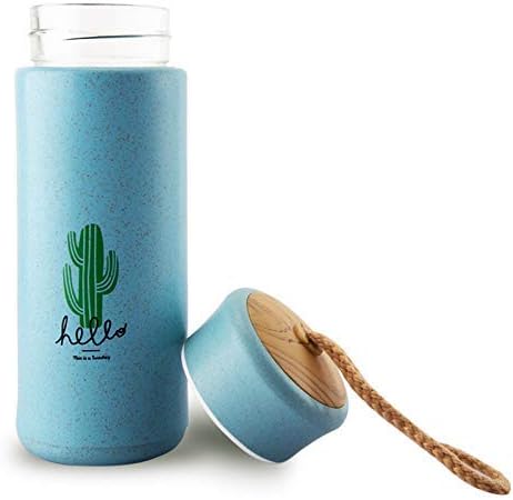 JAMMYLIZARD Eco Friendly Small Glass and Bamboo Insulated Water Bottle for Hot or Cold Bevarages 300ml with Handle, Cactus - Blue