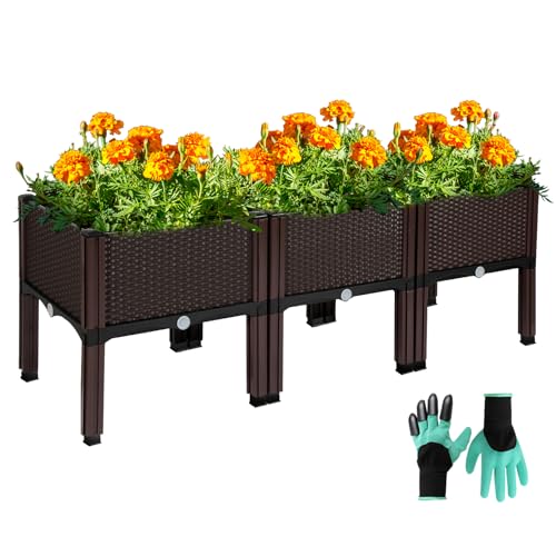 Plastic Raised Garden Bed Kit, Self Watering Planters Box with Free Gloves for Vegetables, Flowers, Strawberry Growing, Elevated Planting Container with Legs for Indoor and Outdoor Use, Brown