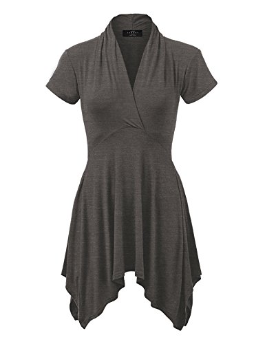 WT1120 Womens Cross V Neck Short Sleeve Empire Line Panel Tunic Top XL Heather_Charcoal