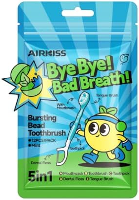 airkiss 5-in-1 Disposable Toothbrush with Bursting Bead Mouthwash – Mint Flavor, Soft Bristles, Built-in Floss Pick & Tongue Cleaner – Individually Wrapped Travel Oral Care (12 Count) image 4
