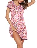 Ekouaer Womens Nightgown Sleep Shirt Dress Satin Patchwork Short Sleeve Sleepwear with Pocket Pink Flower M
