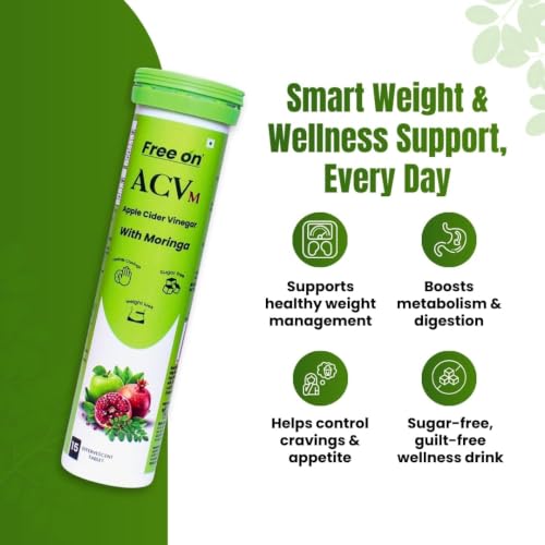 Image of Free On ACV Moringa Effervescent Tablets - Apple Cider Vinegar with Moringa - Controls Cravings, Boosts Metabolism & Weight Loss - Sugar Free - Pomegranate Extract, B6 & B12 - Green Apple (Pack of 4 (60 Tablets))