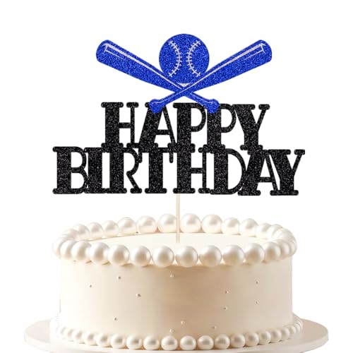VQOUZVSR Decoración para tartas con temática de béisbol, color negro y azul con purpurina, para cumpleaños, béisbol, decoración de fiesta temática deportiva