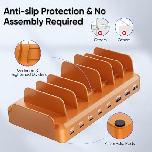 Image of 300W Charging Station for Multiple Devices, 8 Port Multi USB C Fast Charger Station Dock for MacBook iPhone 16 /15 /14 /13 /12 Samsung Pixel Series iPad, Orange (6 Mixed Short Cables Included)
