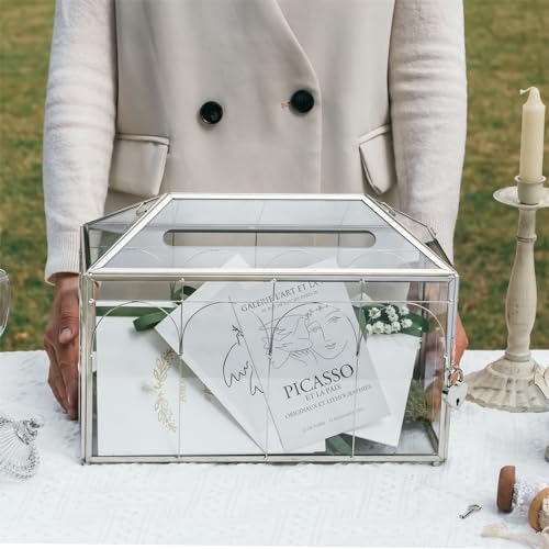 Ncyp Glass Cards Box With Slot & Lock For Wedding - 12.6 Inch X 5.9 Inch X 9 Inch - Vintage Large Geometric Terrarium thumb #4