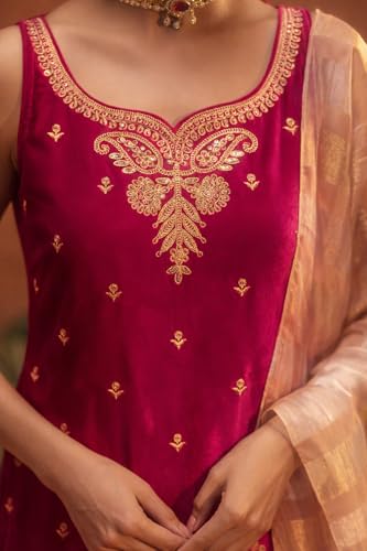 Image of FIORRA Women Rani Pink Ice Velvet Embroidered Kurta Set with Dupatta