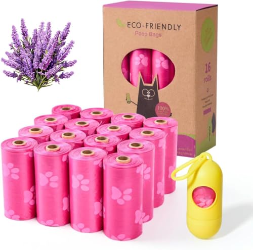 Ninsetinsoe Sacchetti per cacca cani rosa 240 sacchetti a prova di perdite e extra spessi sacchetti per cacca per cani rotoli di sacchetti biodegradabili profumati alla lavanda