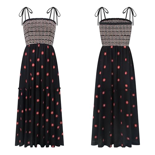 Image of R.Vivimos Womens Summer Cotton Boho Midi Dress 2026 Spaghetti Strap Floral Embroidered Smocked Tiered Flowy Long Dresses