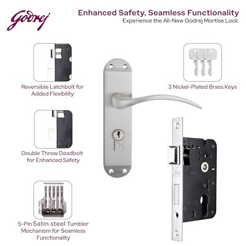 Image of Godrej Mortise Lock | BM 02 Handle Lock Set | for Home & Office | Satin Steel Finish | 200 mm Lockbody | Europrofile Cylinder 60mm Knob from Inside | 3Keys | Double-Throw Deadbolt | 5 Years Warranty